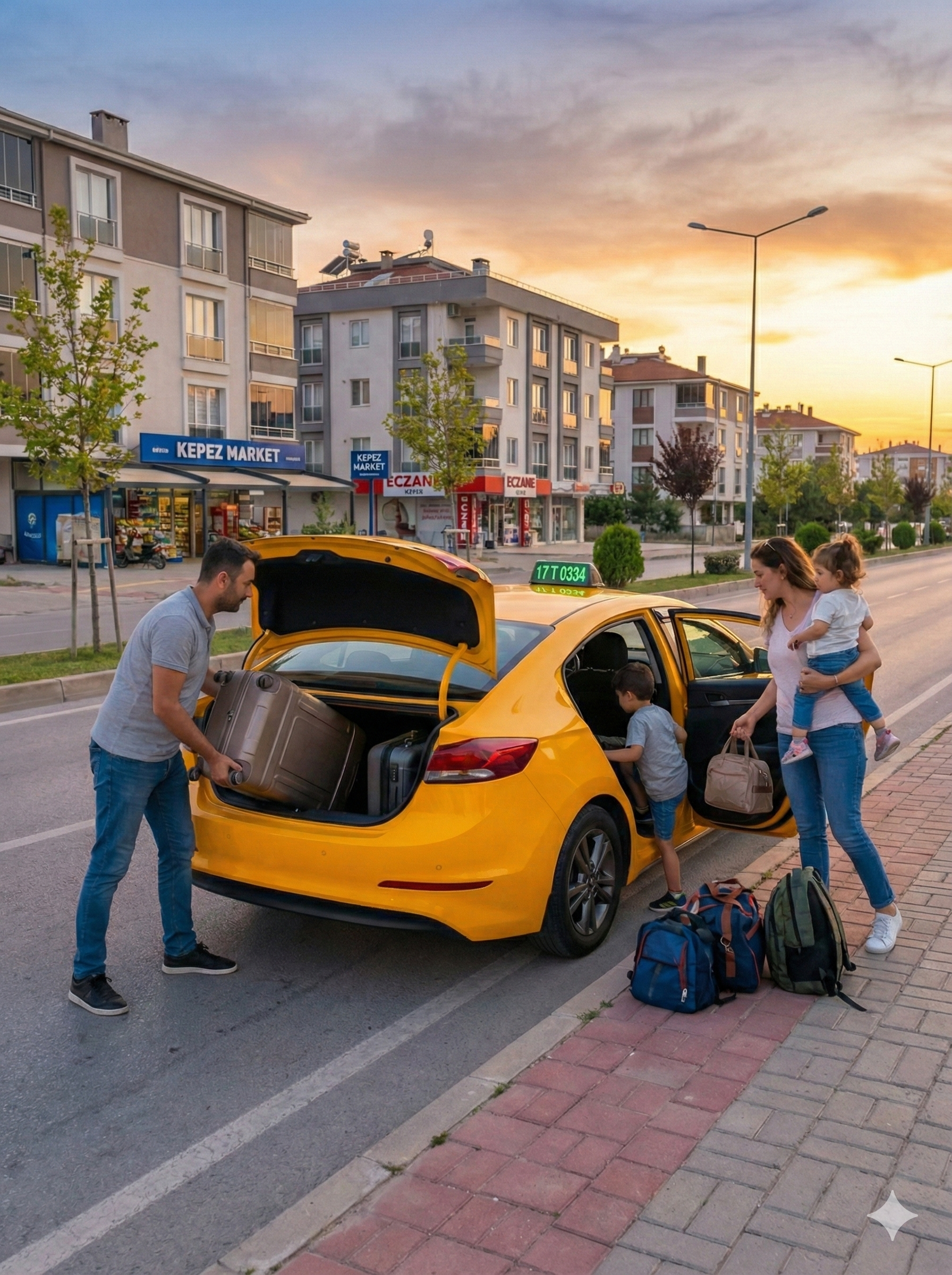 Taksiye binen aile/valizli yolcu temalı görsel