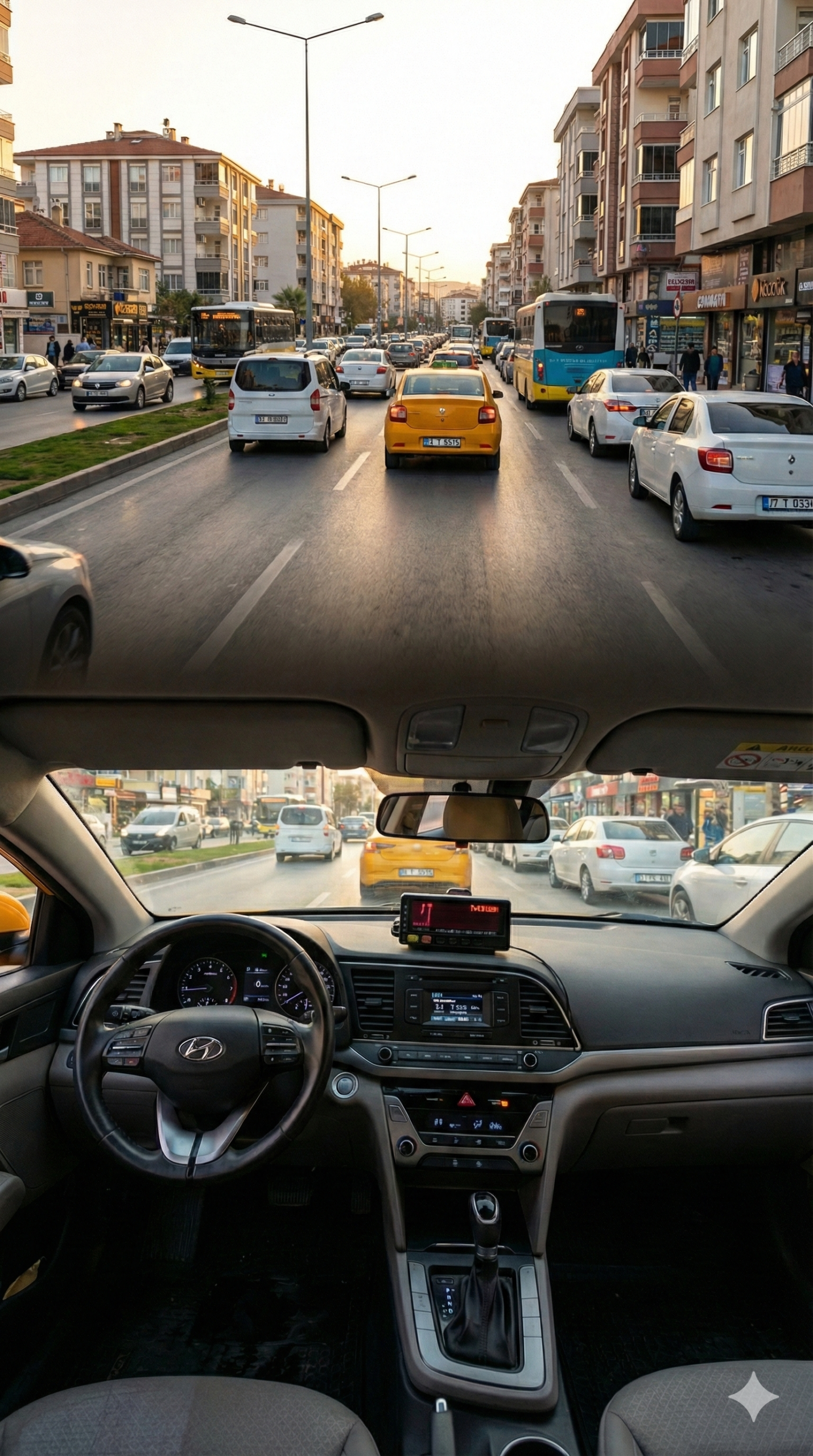 Şehir içi trafik akışı (abartısız), taksimetreye çok yakın olmayan genel bir kadraj
