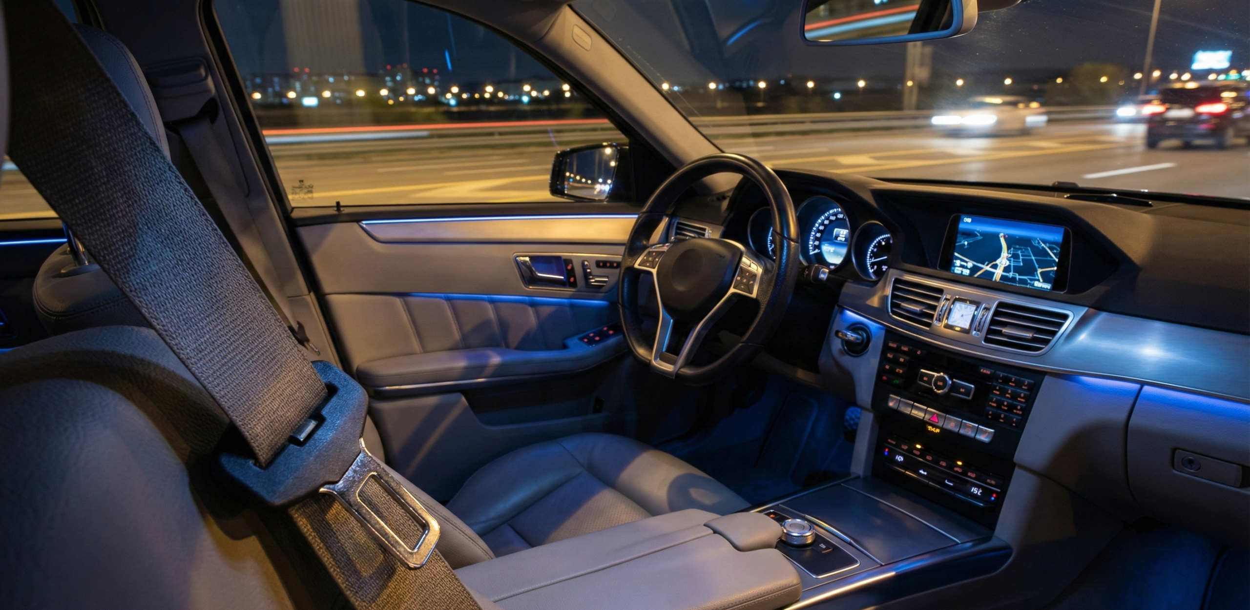 Temiz araç içi, emniyet kemeri detayı veya gece aydınlatmalı güvenli sürüş görseli