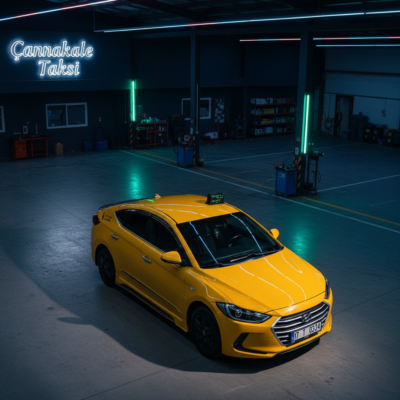 Kapalı otopark alanında sarı taksi Çanakkale Kepez Taksi